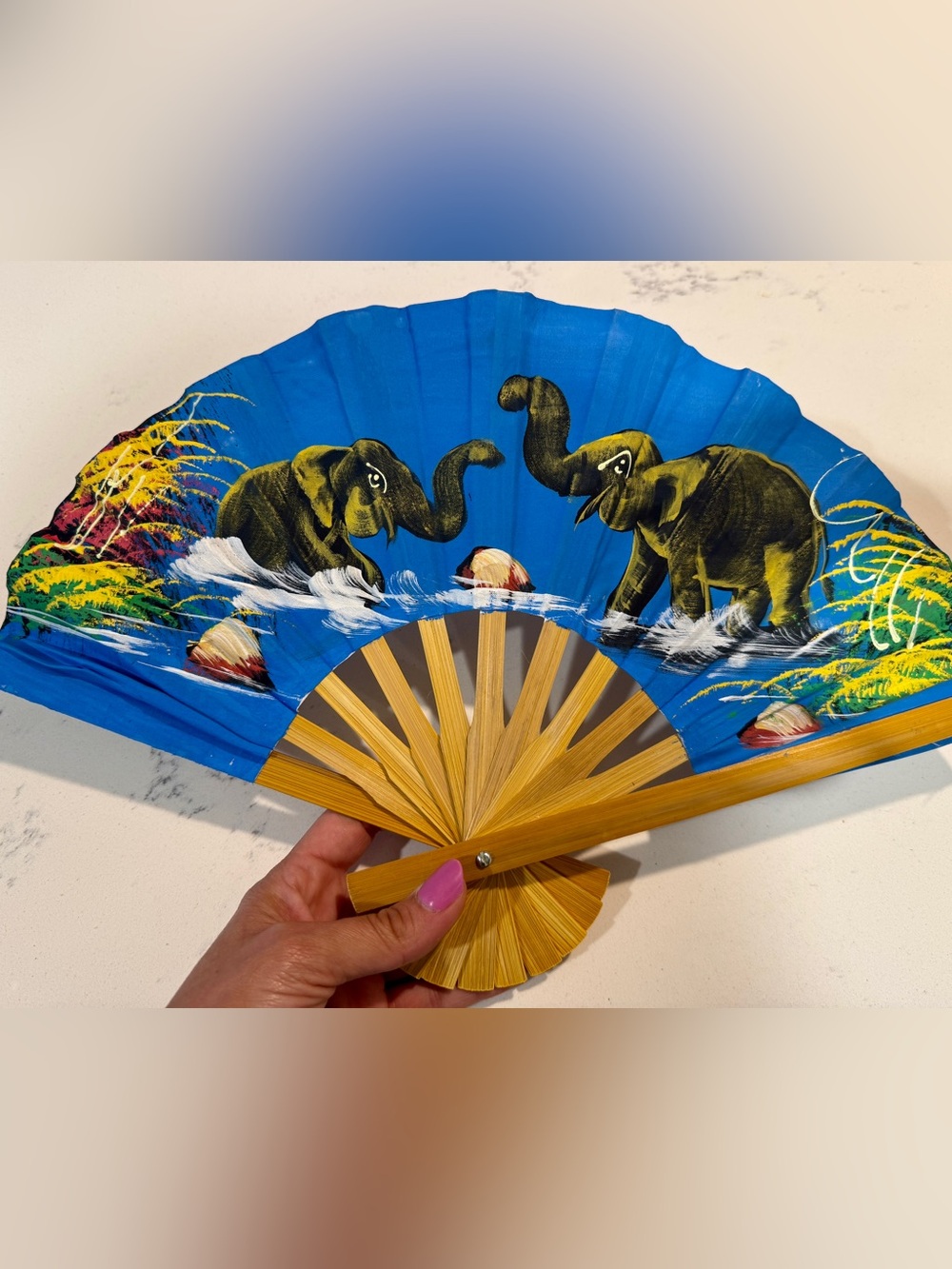 Hand-Painted Bamboo Thai Folding Fan Elephant Tropical Decor